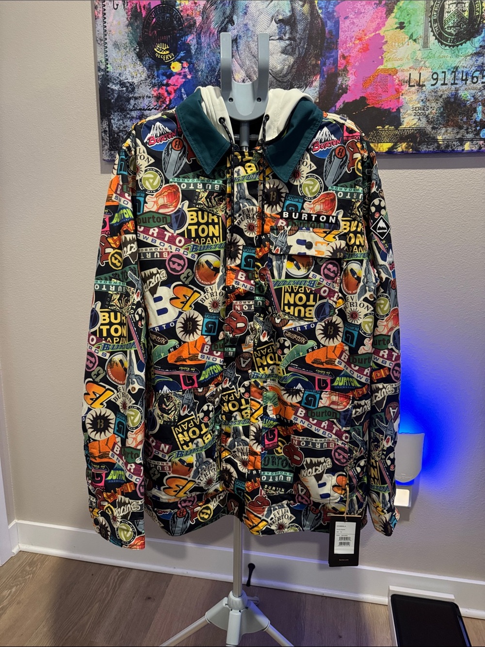 Burton Multicolor Sticker-Print Snowboard Jacket with Teal Hood Trim